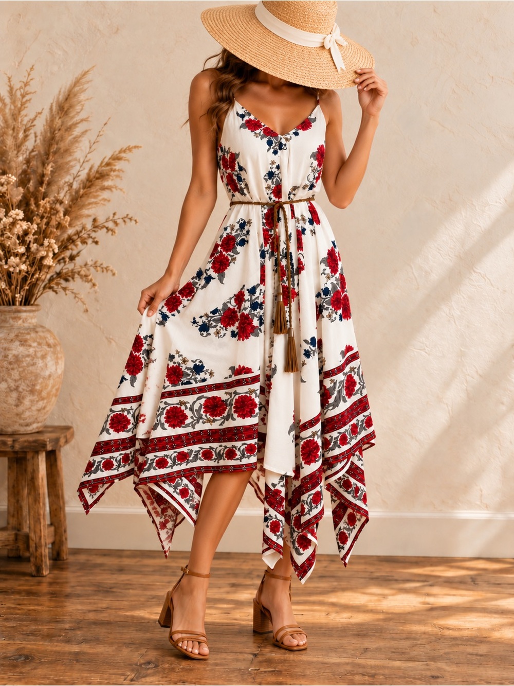 Shyanne XXL Ivory Red Floral Handkerchief Hem Dress Belted Boho Western